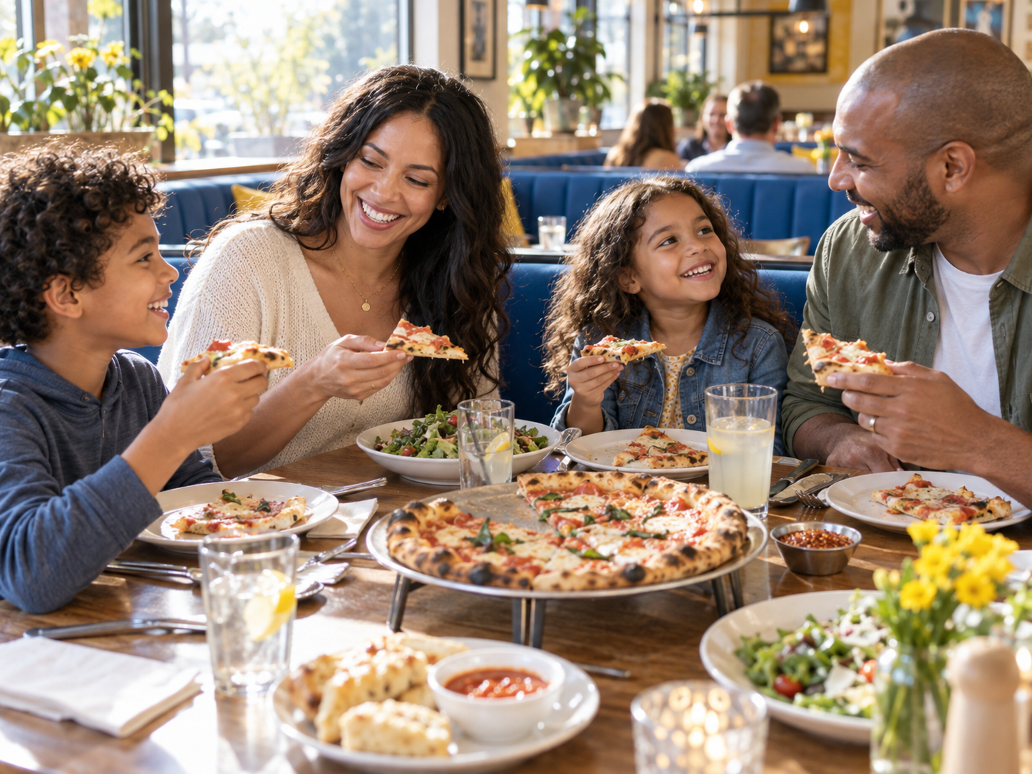 A family sharing pizza and a happy moment at a restaurant