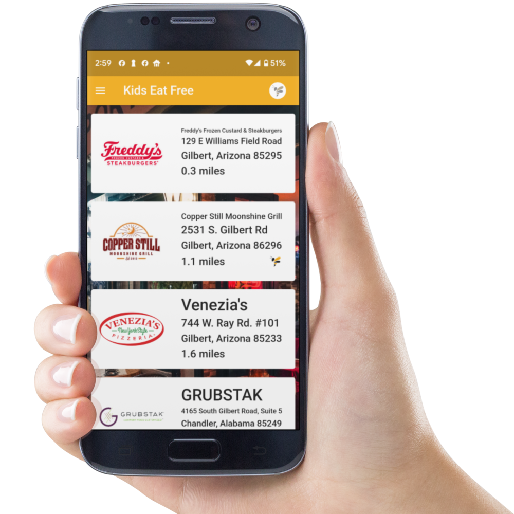 Kids Eat Free app restaurant directory on a phone